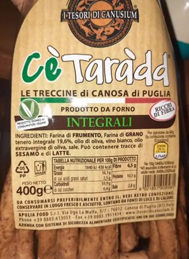 Cè taràdd ingredients label