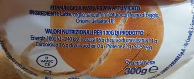 Scamorza affumicata al naturale nutrition facts table