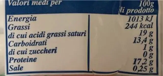 Fior Di Latte nutrition facts table