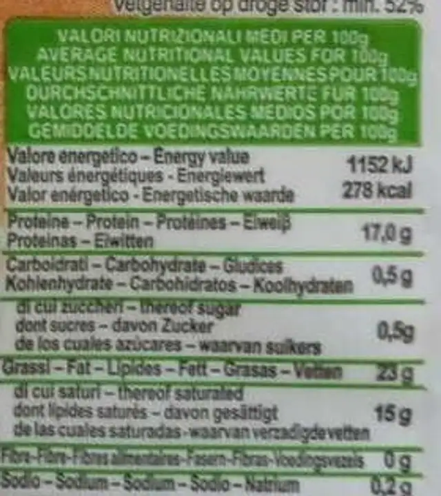 Mozzarella di bufala campana DOP nutrition facts table