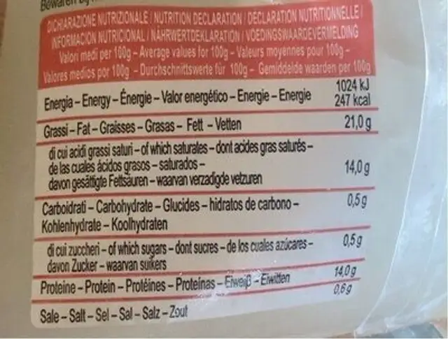 Mozzarella nutrition facts table