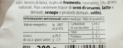 scrock al rosmarino nutrition facts table