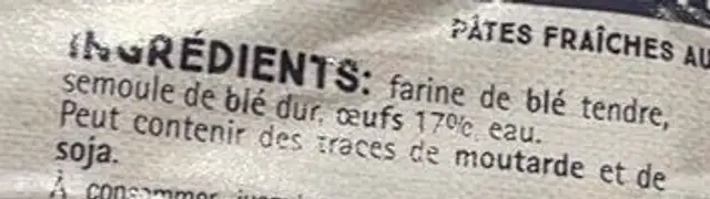 Tagliatelle ingredients label