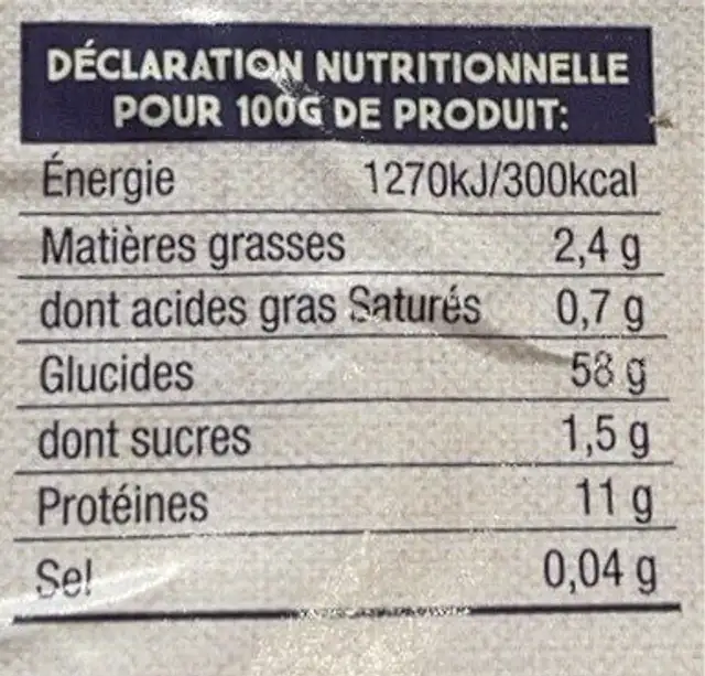 Tagliatelle nutrition facts table