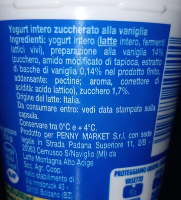 Yogurt cremoso intero Vaniglia ingredients label