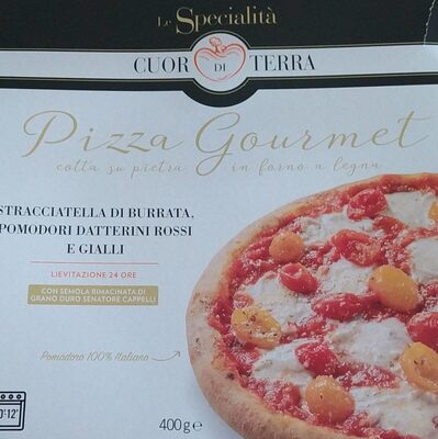 Pizza gourmet stracciatella di burrata, datterini rossi e gialli front packaging