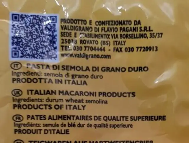 Pipe rigata 135 ingredients label