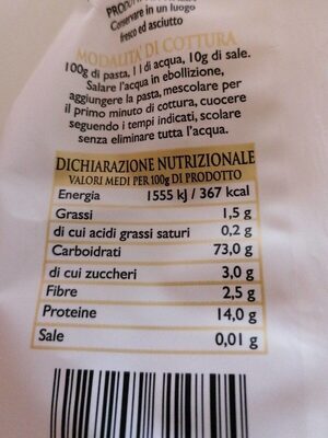 Pasta Celentani nutrition facts table