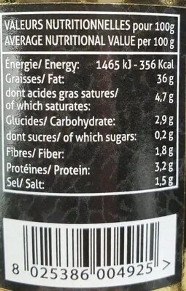 Sauce truffe été nutrition facts table