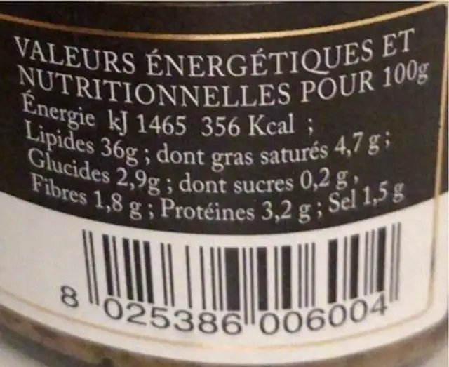 Sauce à la truffe nutrition facts table
