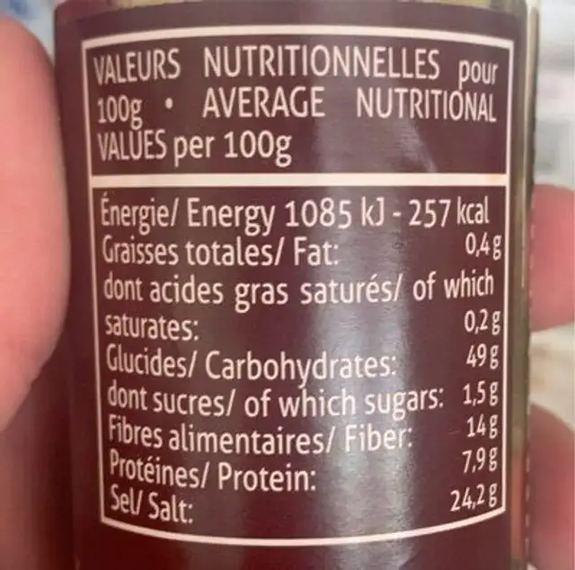 Condiment à base de ail, piment et truffe en poudre nutrition facts table