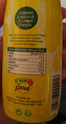 Pronto Limone IGP ingredients label
