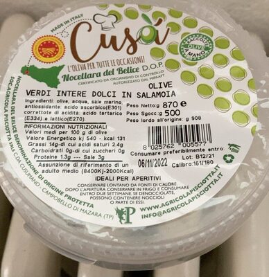 Olive verdi intere dolci in salamoia front packaging