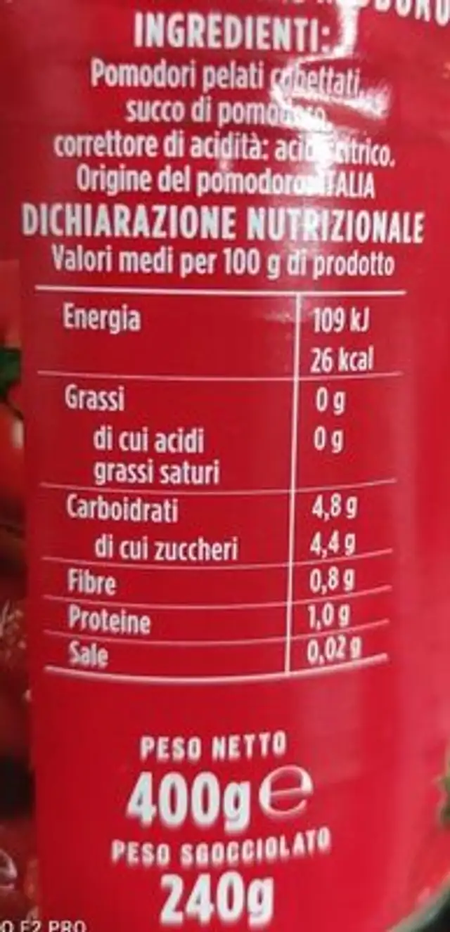 Polpa di pomodoro nutrition facts table
