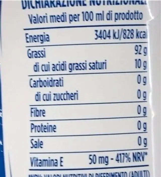 Olio di semi di girasole nutrition facts table