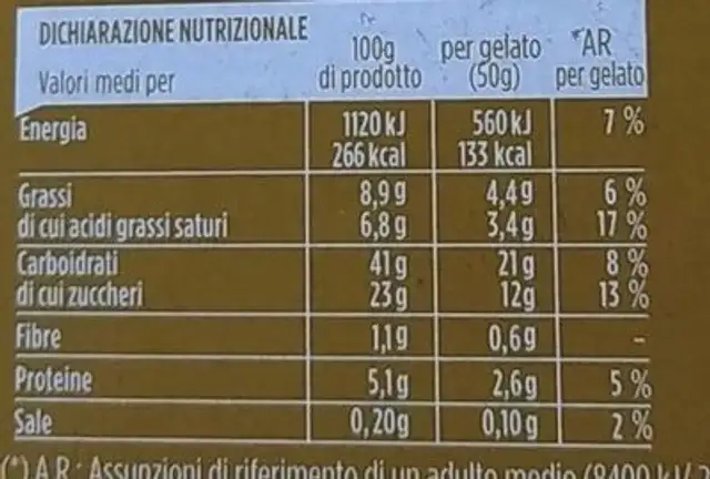 Biscotti gelato VeGe nutrition facts table