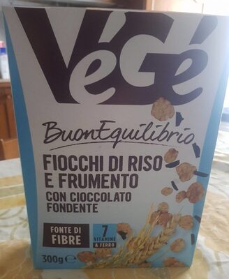 Fiocchi di riso e frumento con cioccolato fondente front packaging
