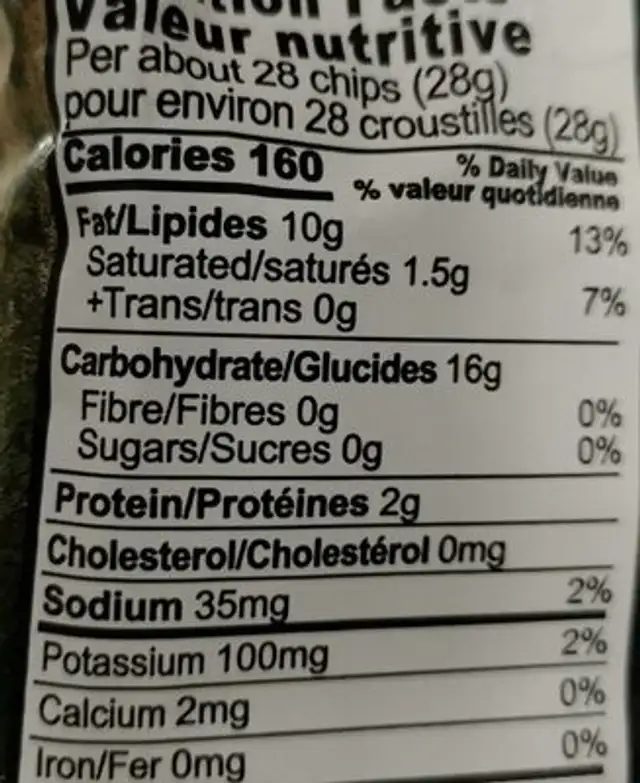 Chips aux truffes nutrition facts table