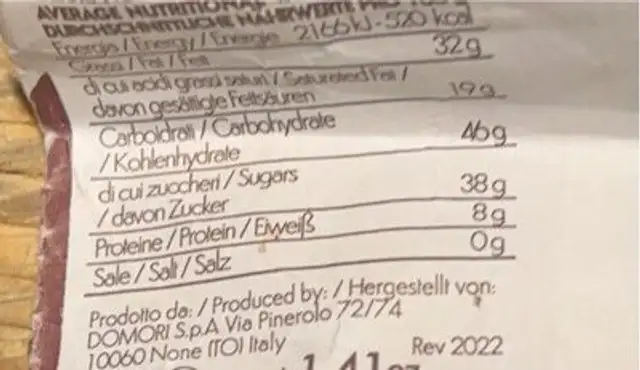 Caffè ricoperto nutrition facts table