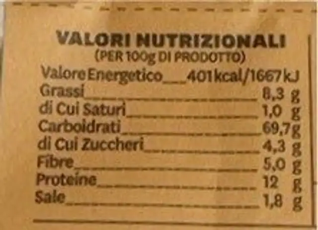 Grissini al sesamo nutrition facts table