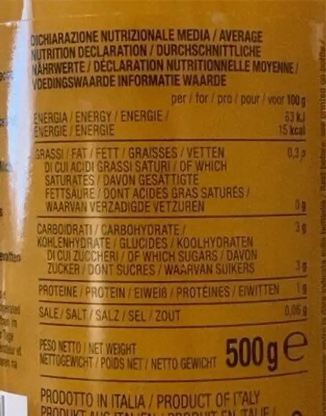 Passata gialla nutrition facts table