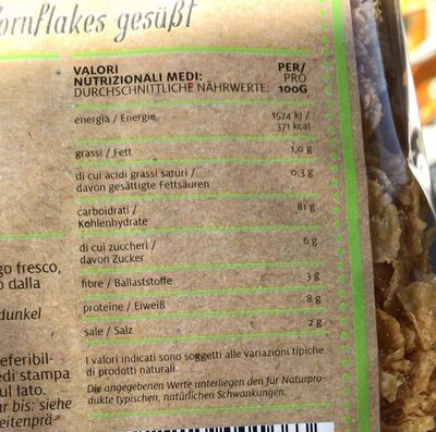 Cornflakes nutrition facts table