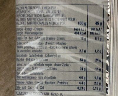Plumcake al cioccolato nutrition facts table