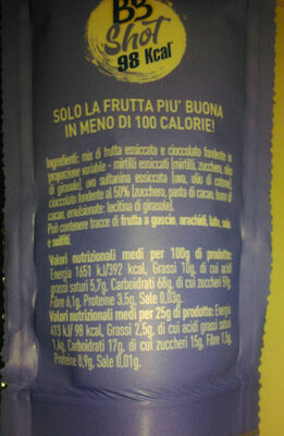 Bb Shot cioccolato fondente, uva sultanina e mirtillo ingredients label
