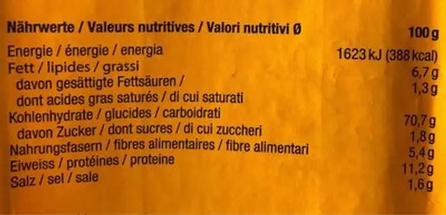 Grissini integrali stirati a mano nutrition facts table