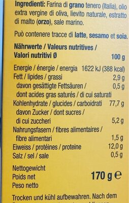 Grissini nutrition facts table