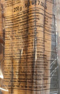 Grissini tipo 00 nutrition facts table