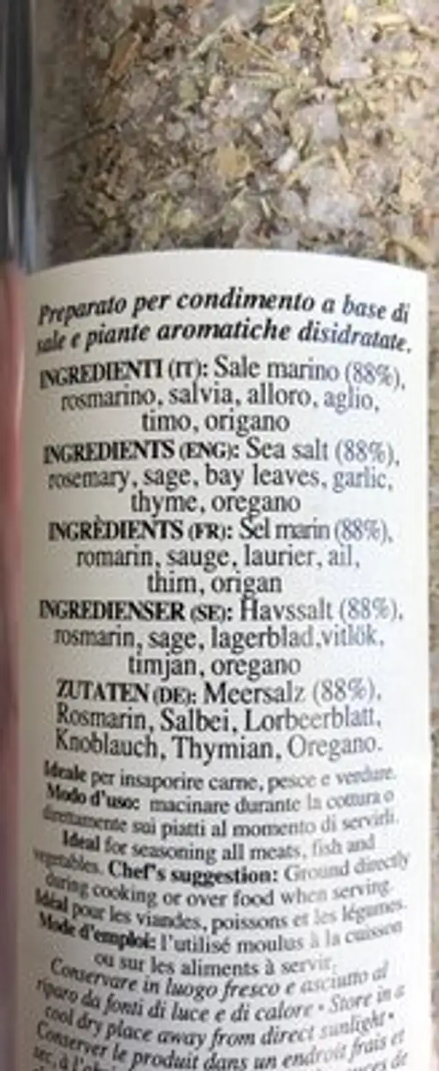 Scented sea salt ingredients label
