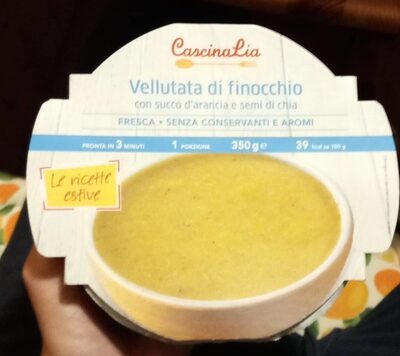 Vellutata di finocchio con succo d'arancia e semi di chia front packaging
