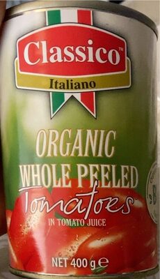Organic Whole peeled tomatoes in tomato juice front packaging