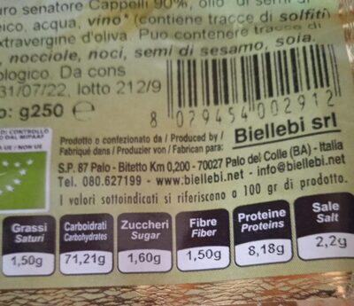 Taralli nutrition facts table