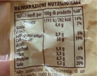 Pancarrè nutrition facts table