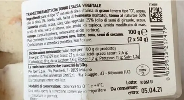 Tramezzini al tonno nutrition facts table