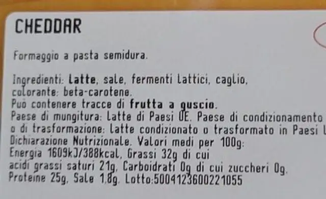 Cheddar nutrition facts table