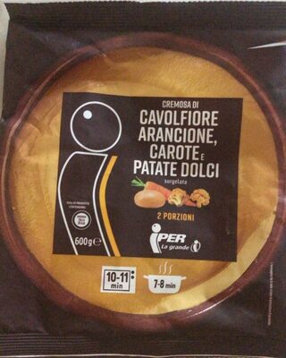 Cremosa di cavolfiore arancione, carote e patate dolci front packaging