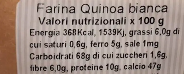 Farina quinoa bianca nutrition facts table