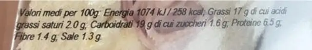 Tramezzino nutrition facts table