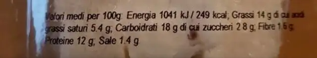 Tramezzino nutrition facts table