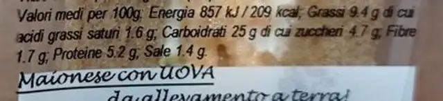 Tramezzino granchio e zucchine nutrition facts table