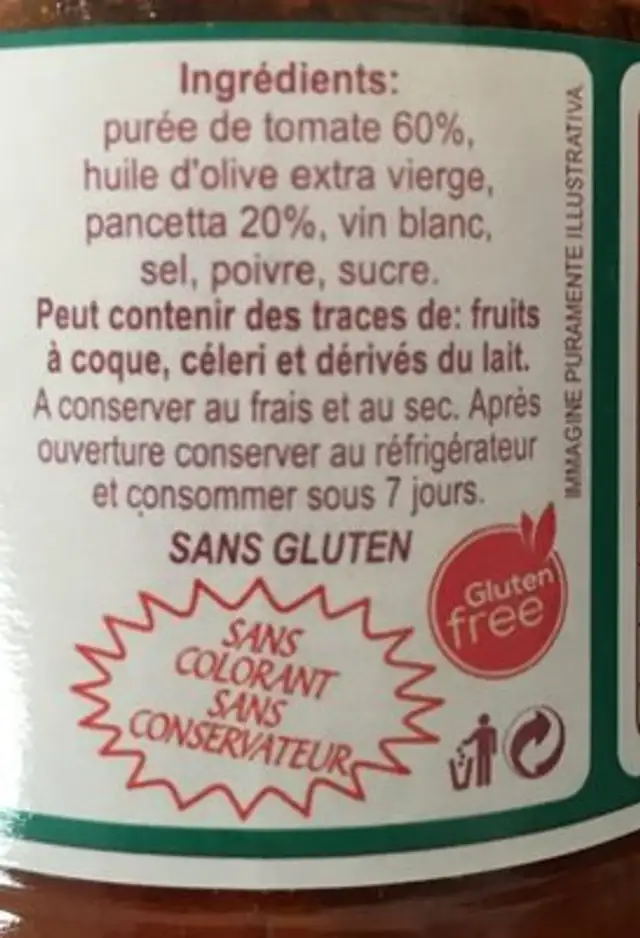 Sugo amatriciana ingredients label