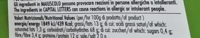 Schiacciatine di grano nutrition facts table