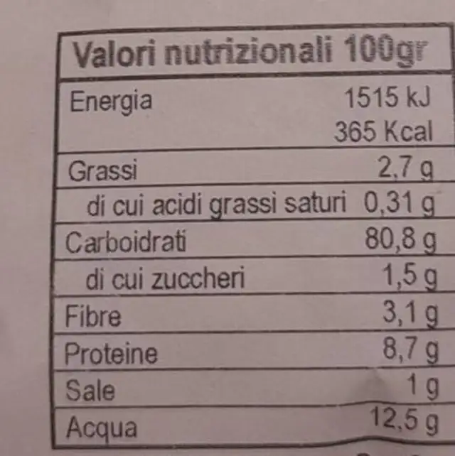 Farina di Mais nutrition facts table