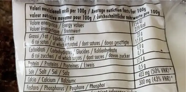 Mozzarelladi Bufala nutrition facts table