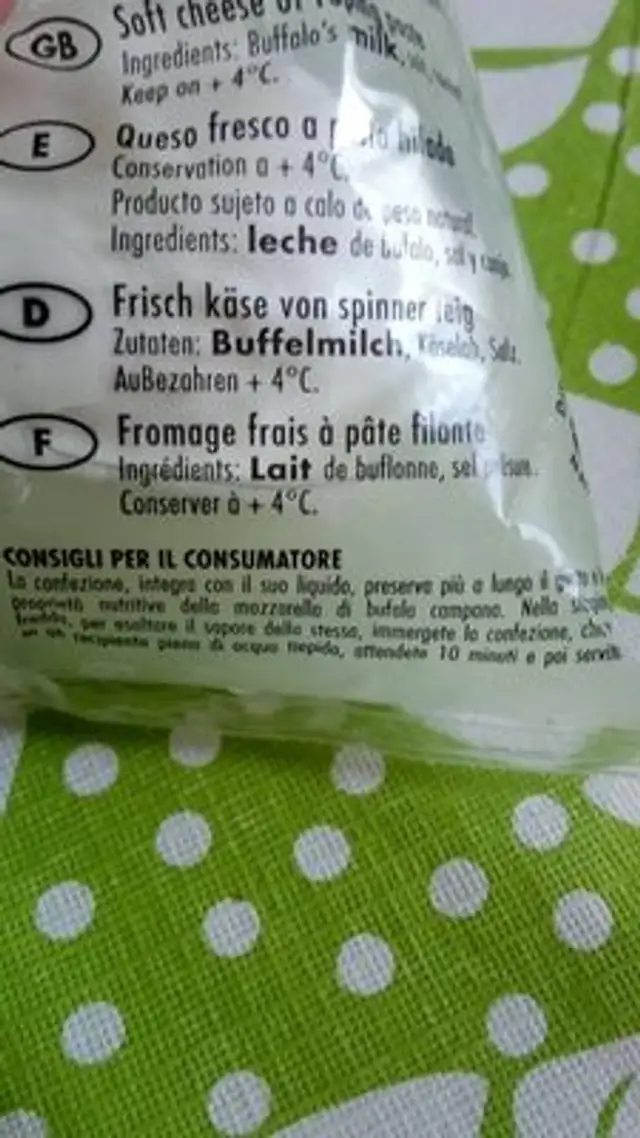 Mozzarella di bufala campana ingredients label