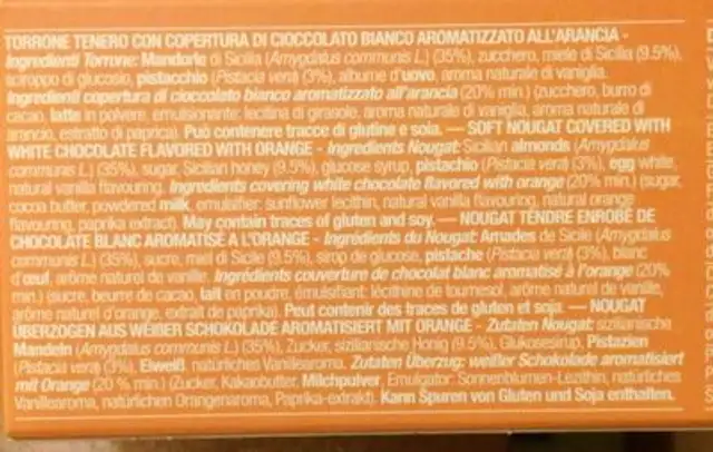 Torrone siciliano all'arancia ingredients label