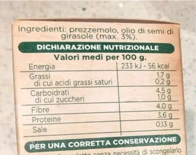 Prezzemolo trittato surgelato nutrition facts table